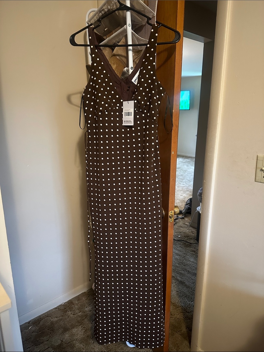 Princess Polly Brown Maxi Dress with White Polka Dots